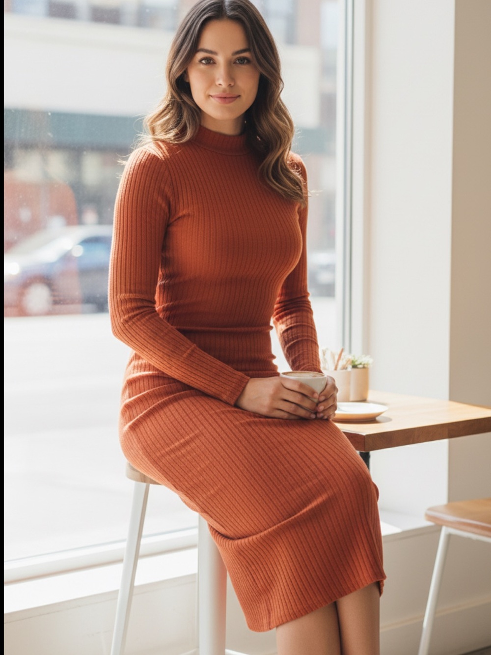 Boohoo Ribbed Mock Neck Dress in Chestnut